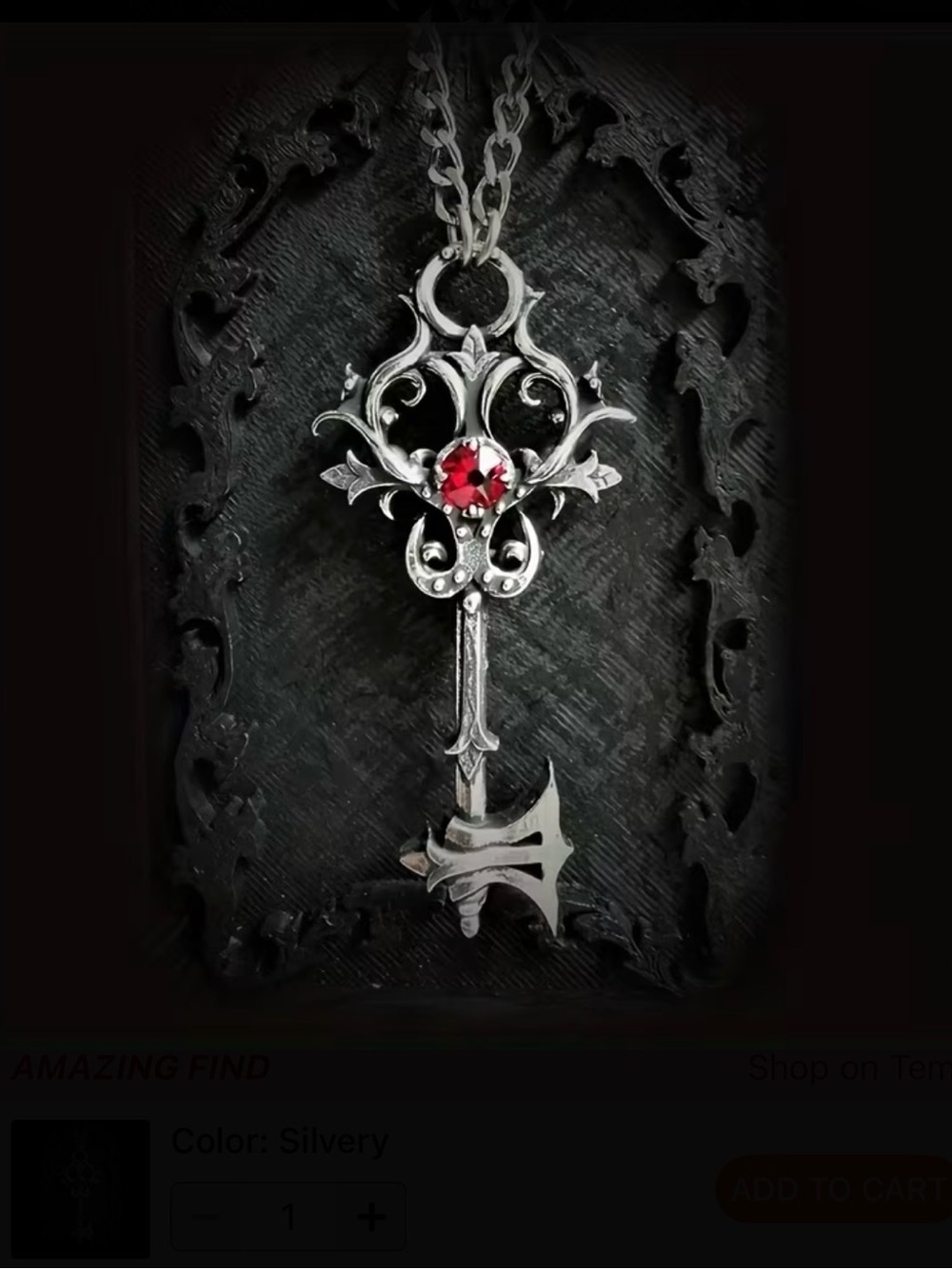 ⭐️ Silvertone Key Pendant Necklace with Red Crystal New